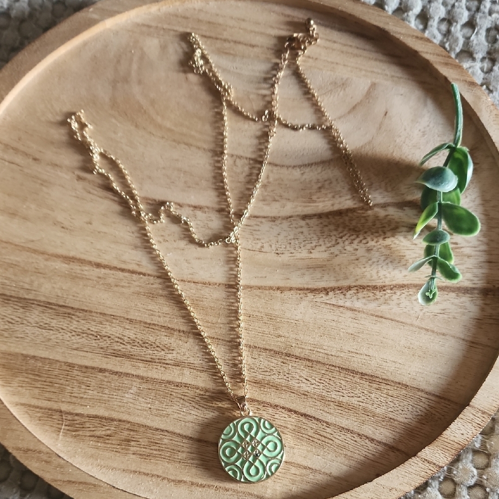Gold Pendant Necklace with Green Enamel